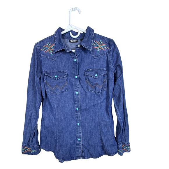 Wrangler Retro Denim Western Snap Shirt Aztec Embroidered Women Size Medium - Picture 1 of 9